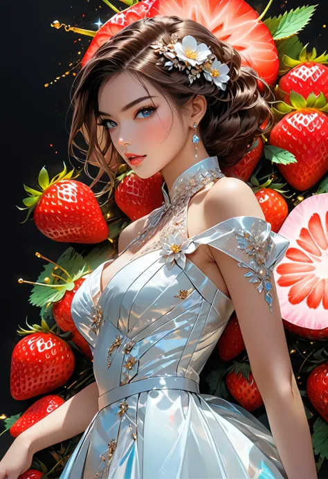 a portrait of  an exotic, elegant beautiful mecha woman eating an epic, (legendary strawberry: 1.3) in cocktail party , ((full b...