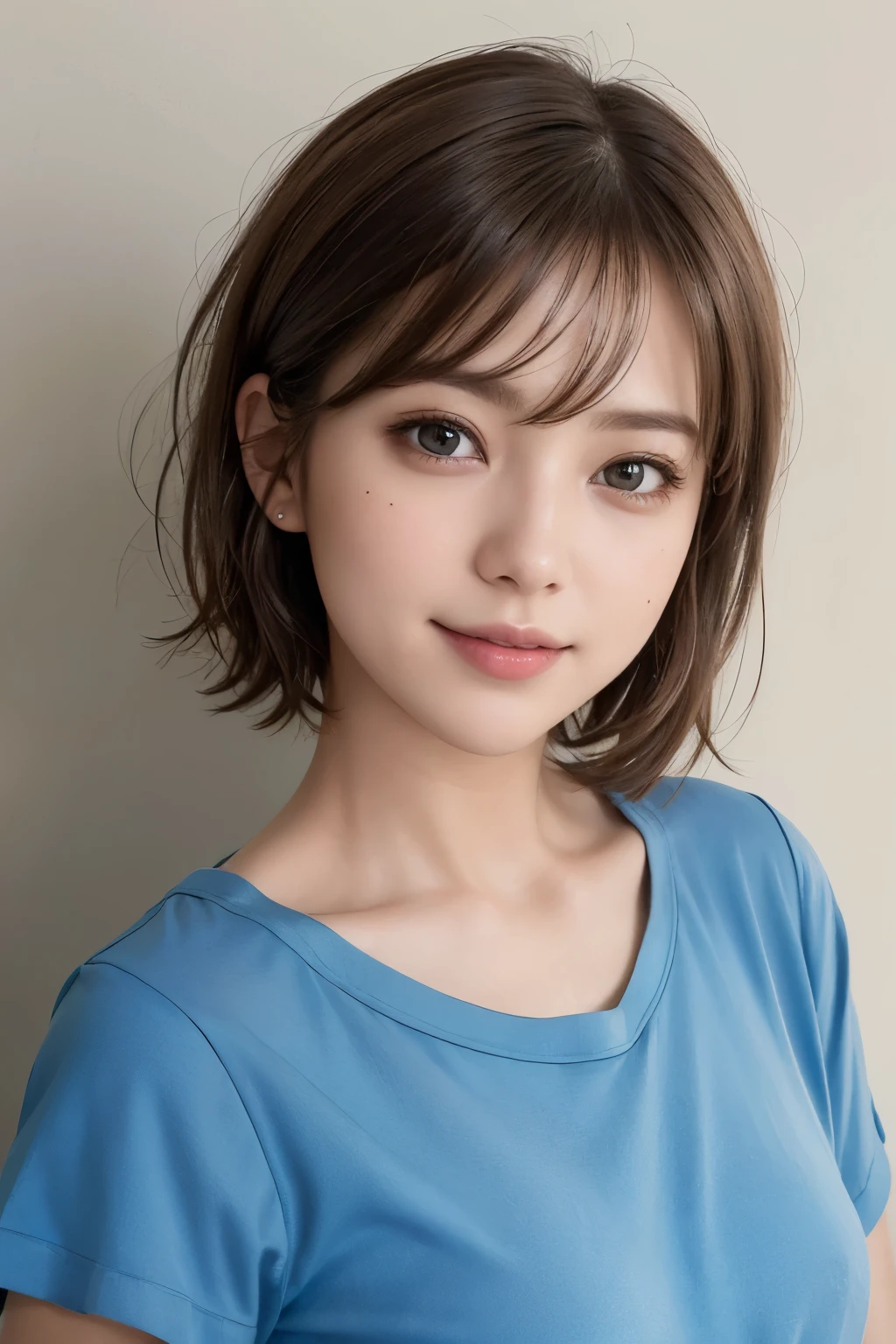 Masterpiece hyperrealist & Photorealistic beautiful girl, Realistic Skin, Light brown short hair,Punk Girl, Little Smile、(head shot:1.5), Short sleeve skipper shirt blouse,