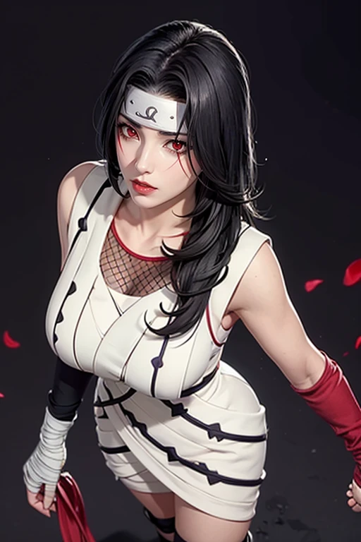 （（（Perfect figure，figure，forehead protector，bandaged hand，konohagakure symbol，fishnets，Red single sleeve，White striped clothes，（（（Kurenai Yuhi, black hair, red eyes,  long hair,makeup，red eyes，lipstick，）））型figure:1.7））），((masterpiece)),high resolution, ((Best quality at best))，masterpiece，quality，Best quality，（（（ Exquisite facial features，looking at the audience,There is light in the eyes，Happy，lol））），（（（Interlacing of light and shadow，huge boobs））），Big Breasts,（（（looking into camera，black background，looking at viewer
standing
from above）））