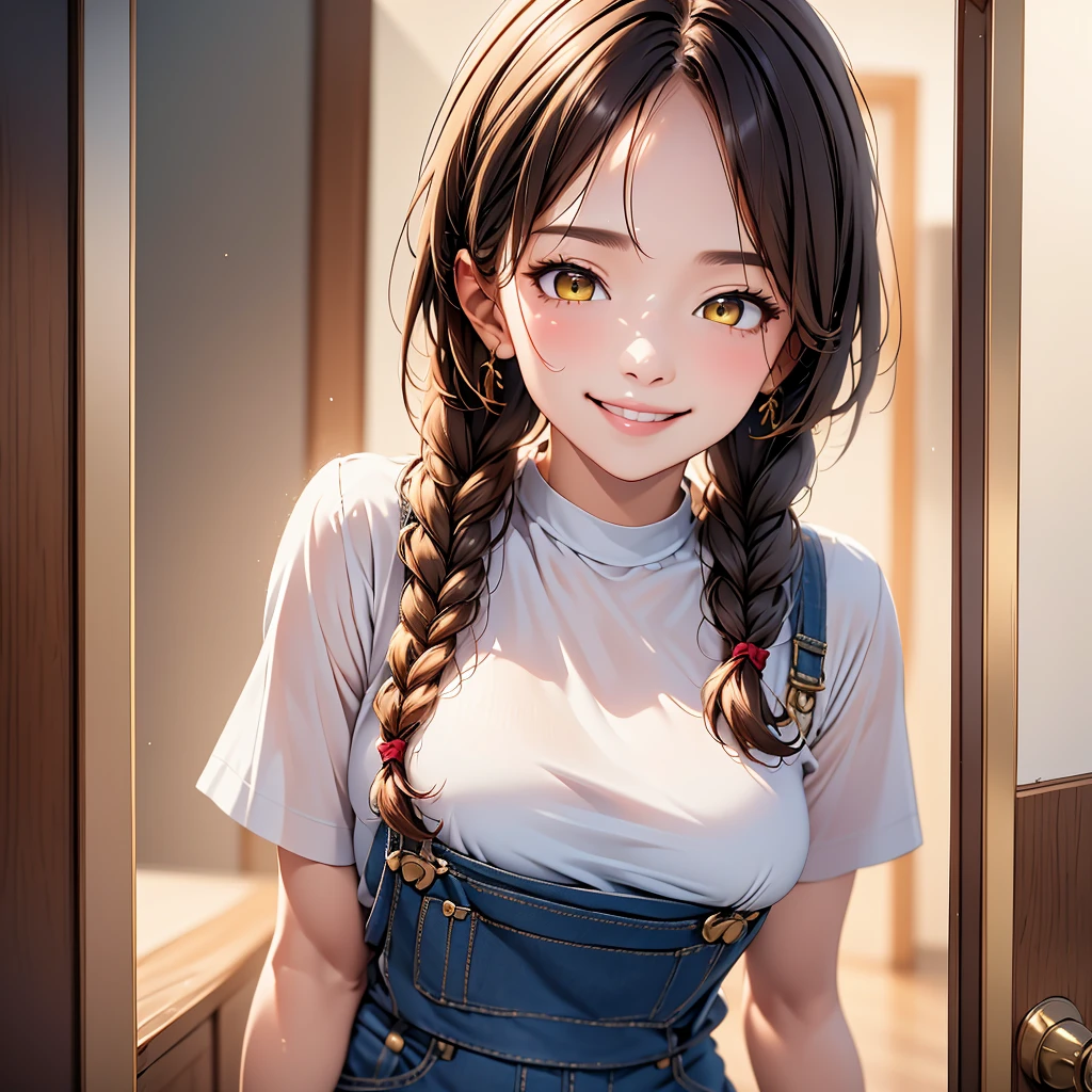 A woman, by the wide, small braids, honey yellow eyes, natural redhead, bright smile, black overalls skirt, a white blouse, warm smile, chest a little big, beautiful body, detailed body, Detailed face, detailed clothing, standing at the entrance of a house facing the door, foreground, head on, Whole body, throw, flirtatious smile.