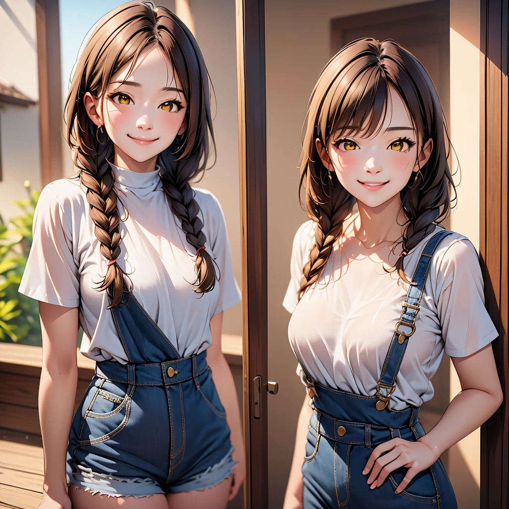 A woman, by the wide, small braids, honey yellow eyes, natural redhead, bright smile, black overalls skirt, a white blouse, warm smile, chest a little big, beautiful body, detailed body, Detailed face, detailed clothing, standing at the entrance of a house facing the door, foreground, head on, Whole body, throw, flirtatious smile.