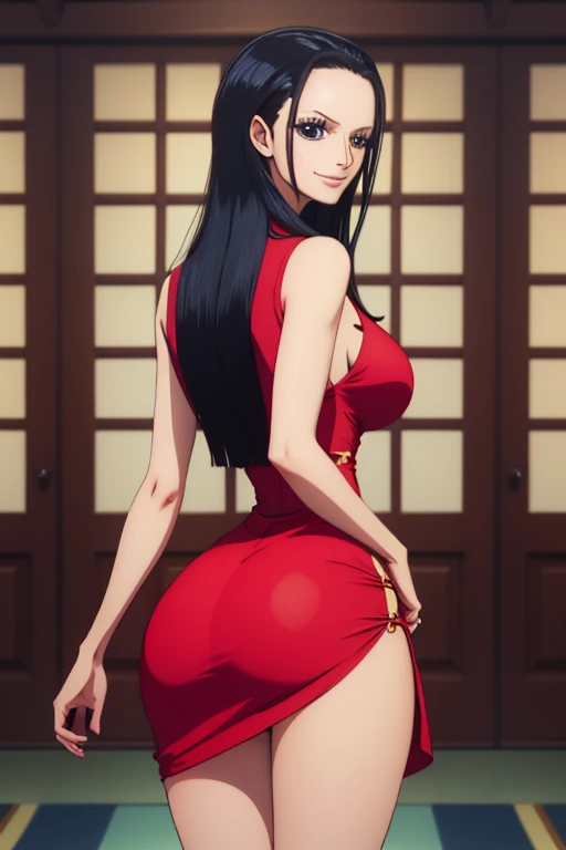 1girl, smile, Long Straight hair, girl, nico robin, one piece, short navy red dress without prints, Big Breasts, from behind, f/16, 85mm, masterpiece, anatomically correct, super detail, high details, high quality, best quality, highres, 4K