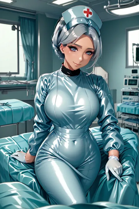 nurse uniform,hospital, latex nurse suit,nurses,busty,elbow gloves,labcoat,grey hair woman,red eyes , gigantic ,medical instrume...