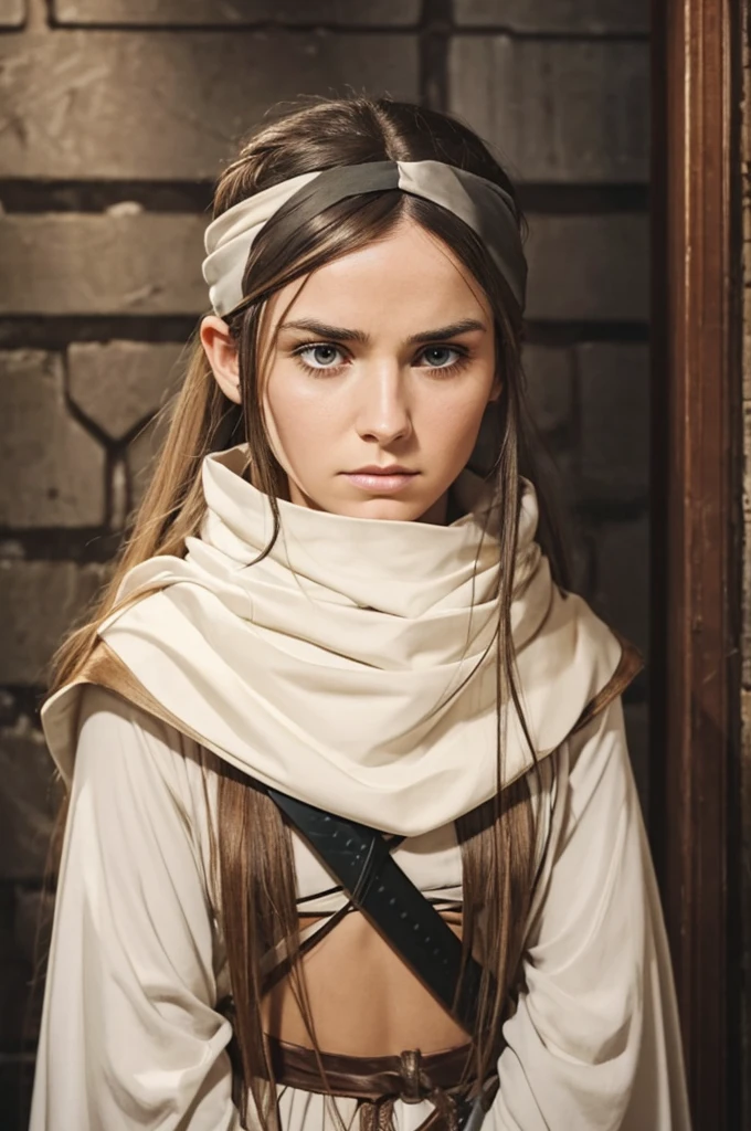 A woman with long hair, wearing a cowl and a headband on her forehead, standing in a small room, guarding and protecting the area, watching intently, with a sword on her back, detailed emotions on her face