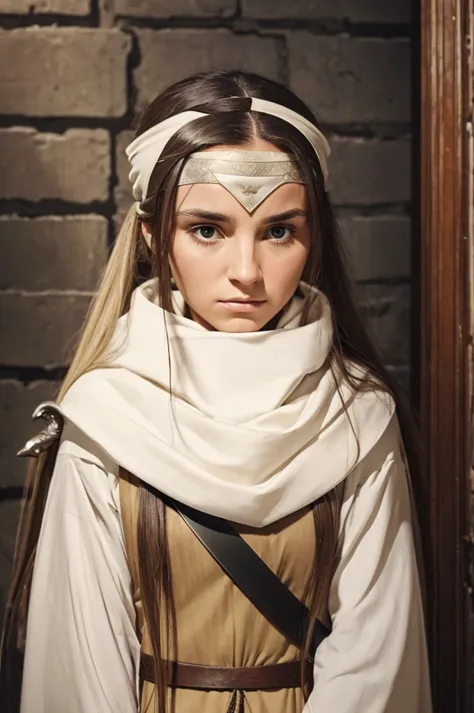 a woman with long hair, wearing a cowl and a headband on her forehead, standing in a small room, guarding and protecting the are...