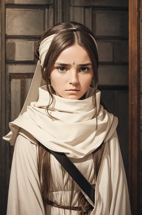 a woman with long hair, wearing a cowl and a headband on her forehead, standing in a small room, guarding and protecting the are...