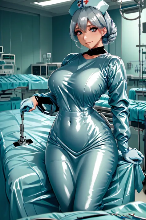 nurse uniform,hospital, latex nurse suit,nurses,busty,elbow gloves,labcoat,grey hair woman,red eyes , gigantic ,medical instrume...