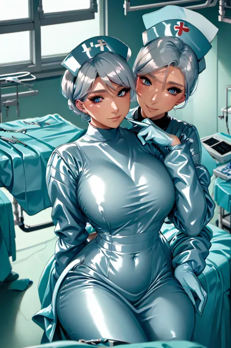 nurse uniform,hospital, latex nurse suit,nurses,busty,elbow gloves,labcoat,grey hair woman,red eyes , gigantic ,medical instrume...