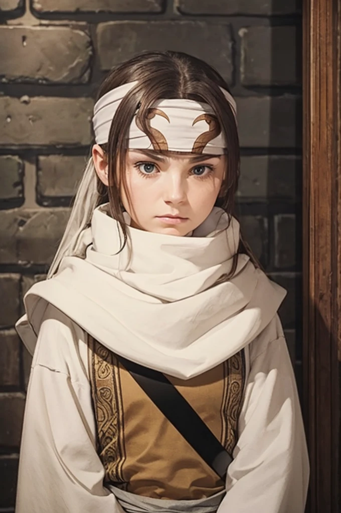 A woman with long hair, wearing a cowl and a headband on her forehead, standing in a small room, guarding and protecting the area, watching intently, with a sword on her back, detailed emotions on her face