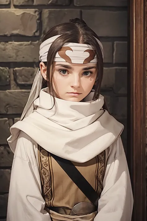 a woman with long hair, wearing a cowl and a headband on her forehead, standing in a small room, guarding and protecting the are...