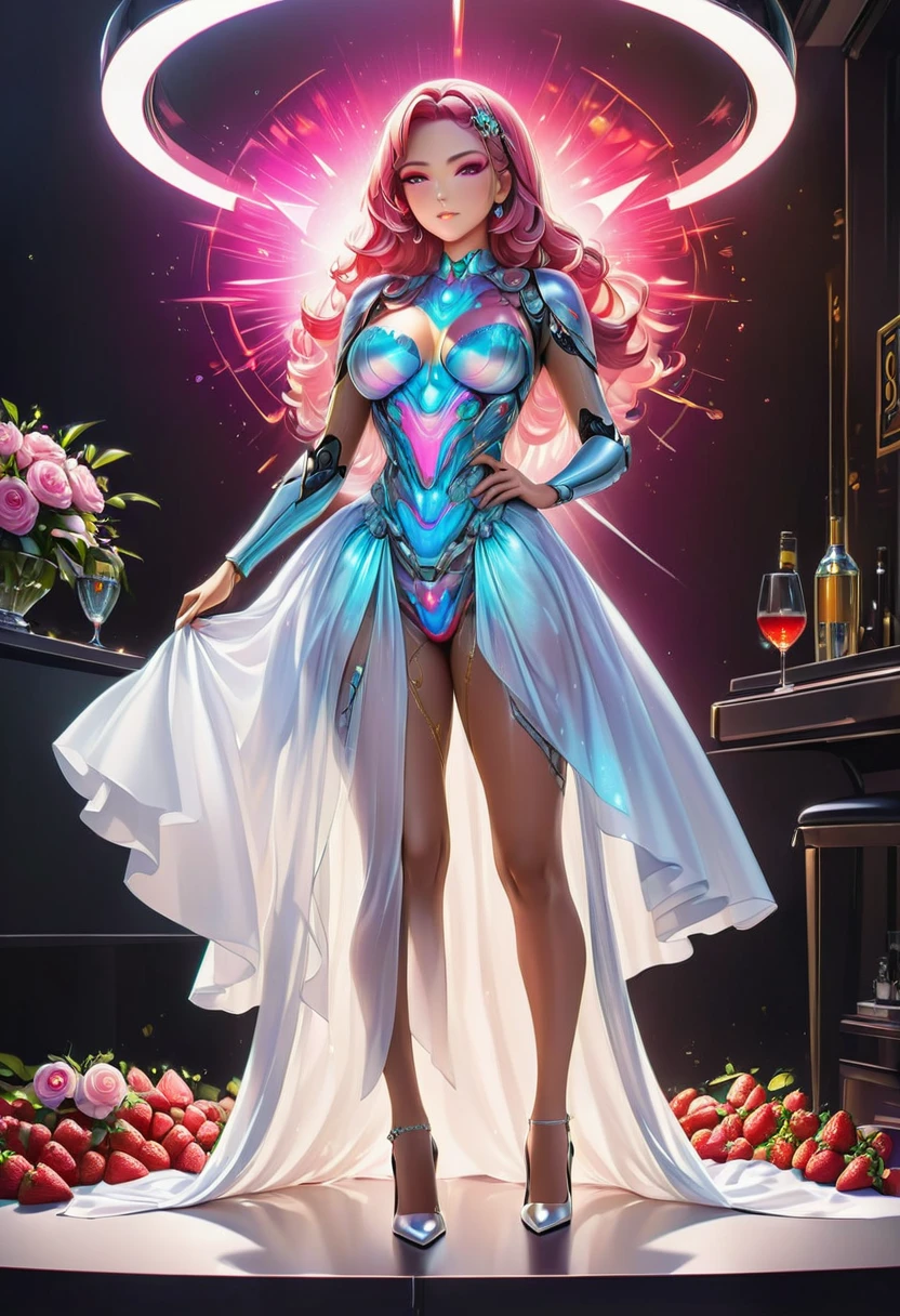 a portrait of  an exotic, elegant beautiful mecha woman eating an epic, (legendary strawberry: 1.3) in cocktail party , ((full body: 1.5)), ((anatomically correct: 1.5)), (ultra detailed face: 1.2), dynamic eye color, glowing eyes, dynamic hair color, dynamic hair style dynamic skin complexion, wearing 1960's glamour intricate dress, high. fashion dress, dynamic color dress , wearing high heels, cocktail party background, vibrant, Ultra-high resolution, High Contrast, (masterpiece:1.5), highest quality, Best aesthetics), best details, best quality, highres, 16k, (ultra detailed: 1.5), masterpiece, best quality, (extremely detailed) RAW, (ultra details, Masterpiece, best quality), Hyperrealism style, MechanicusStyleAI, 