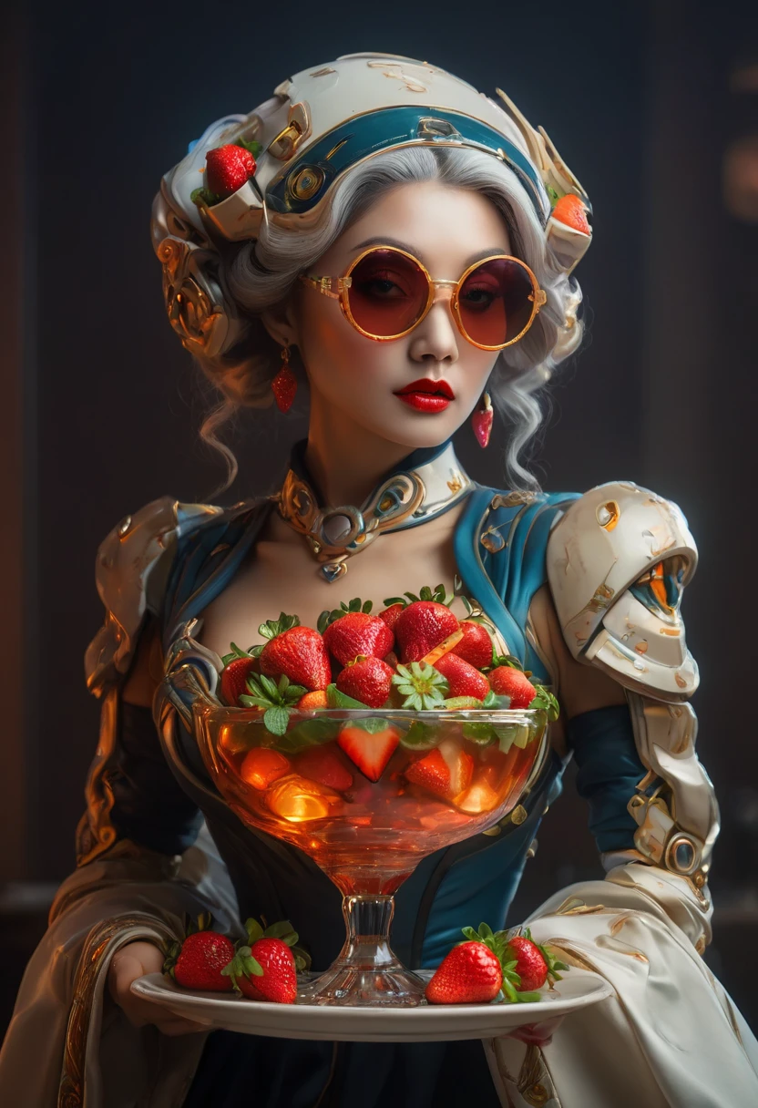 a portrait of  an exotic, elegant beautiful mecha woman eating an epic, (legendary strawberry: 1.3) in cocktail party , ((full body: 1.5)), ((anatomically correct: 1.5)), (ultra detailed face: 1.2), dynamic eye color, glowing eyes, dynamic hair color, dynamic hair style dynamic skin complexion, wearing 1960's glamour intricate dress, high. fashion dress, dynamic color dress , wearing high heels, cocktail party background, vibrant, Ultra-high resolution, High Contrast, (masterpiece:1.5), highest quality, Best aesthetics), best details, best quality, highres, 16k, (ultra detailed: 1.5), masterpiece, best quality, (extremely detailed) RAW, (ultra details, Masterpiece, best quality), Hyperrealism style, MechanicusStyleAI, 