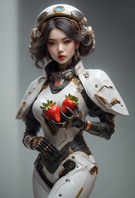 a portrait of  an exotic, elegant beautiful mecha woman eating an epic, (legendary strawberry: 1.3) in cocktail party , ((full b...