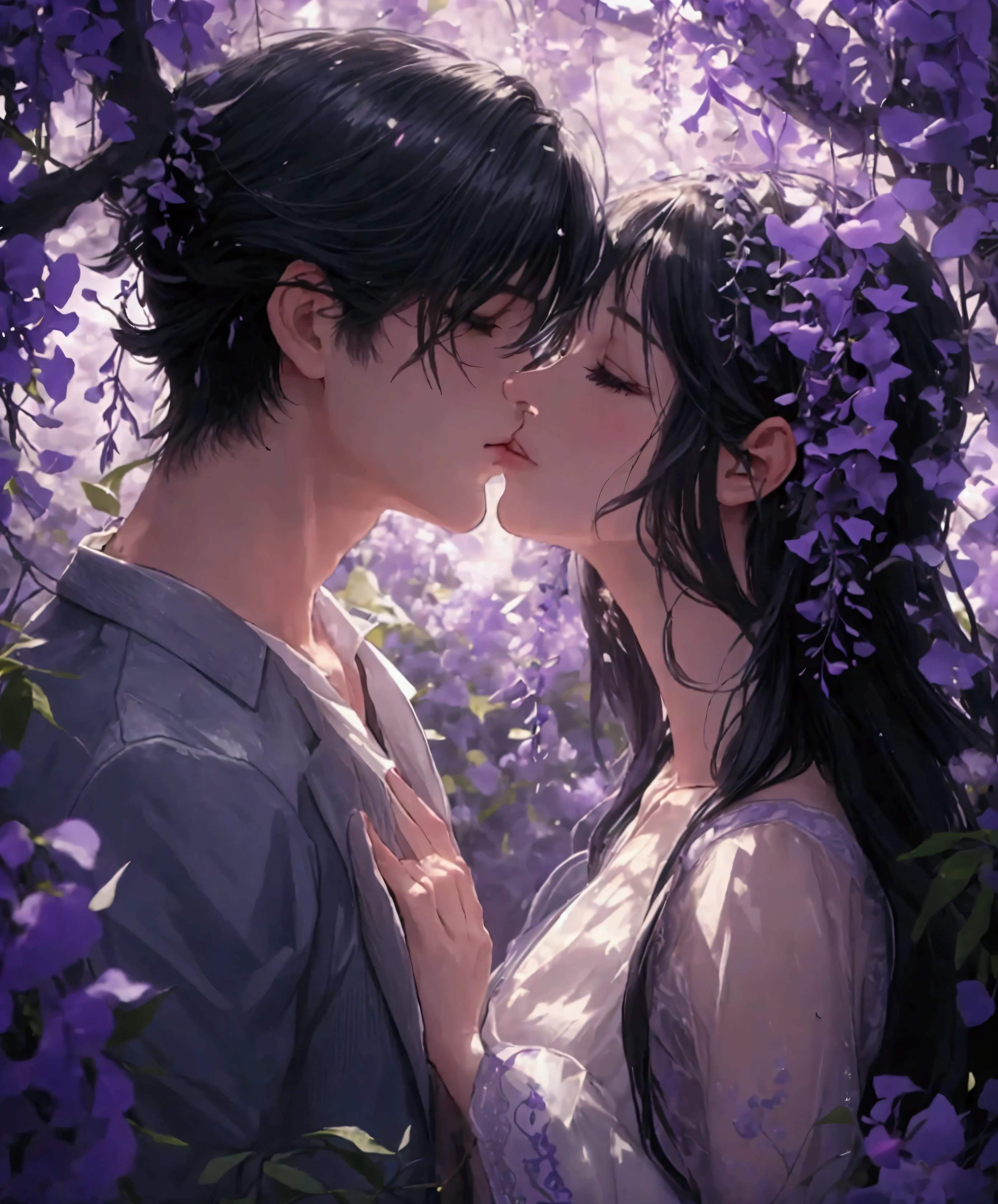 a man is kissing a woman in the wisteria forest, dark night, , (Beautifully Aesthetic:1.2),wisteria, peace, tranquility, serenity, petals