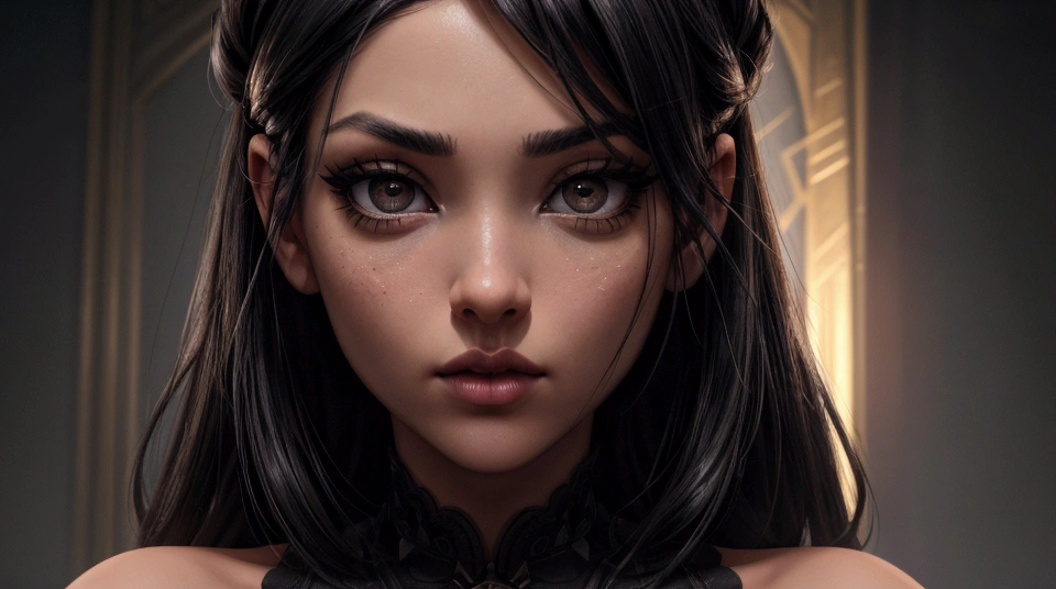 (((full face)), (black eyes)), (best quality), 4k, 8k, High Range dinamic, high resolution, masterpiece: 1.2), ultra detailed, digital painting, character portrait, highly detailed face and eyes, beautiful detailed lips, extremely detailed eyes and face, long eyelashes, cinematic lighting, dramatic lighting, epic fantasy, volumetric lighting, dark fantasy, moody lighting, dramatic composition, intricate details, cinematic angle, dark colors, warm colors