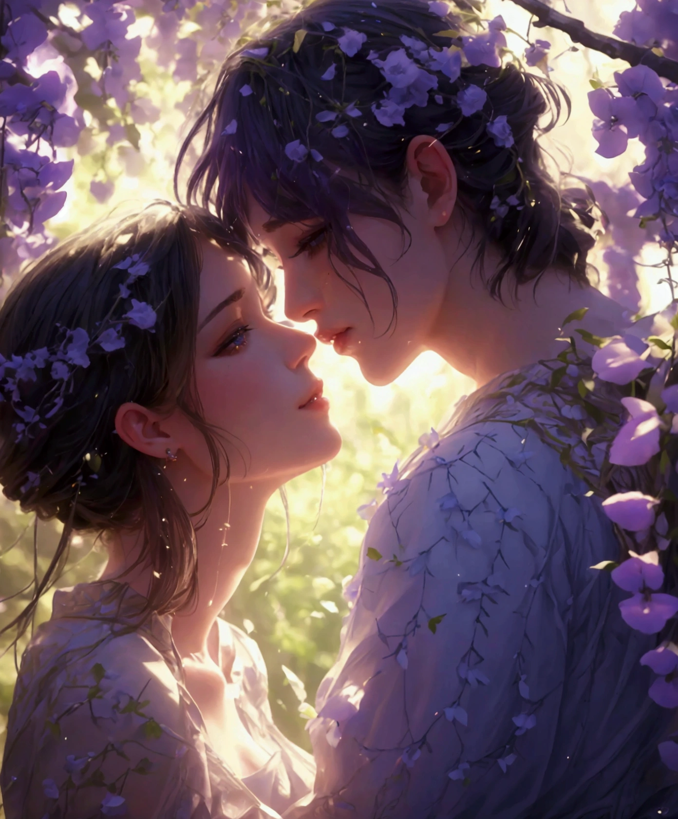 a man kissing a woman in wisteria forest at night, detailed faces, beautiful eyes, lips, long eyelashes, elegant poses, wisteria flowers, petals, peaceful, tranquil, serene atmosphere, (best quality,4k,8k,highres,masterpiece:1.2),ultra-detailed,(realistic,photorealistic,photo-realistic:1.37),cinematic lighting,dramatic chiaroscuro,vibrant colors,romantic,elegant,artgerm art style