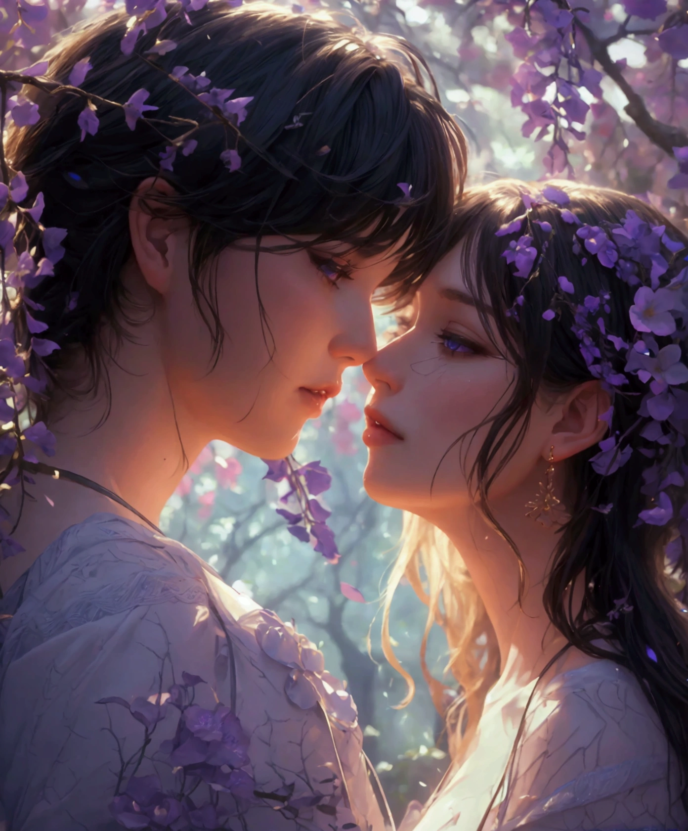 a man kissing a woman in wisteria forest at night, detailed faces, beautiful eyes, lips, long eyelashes, elegant poses, wisteria flowers, petals, peaceful, tranquil, serene atmosphere, (best quality,4k,8k,highres,masterpiece:1.2),ultra-detailed,(realistic,photorealistic,photo-realistic:1.37),cinematic lighting,dramatic chiaroscuro,vibrant colors,romantic,elegant,artgerm art style