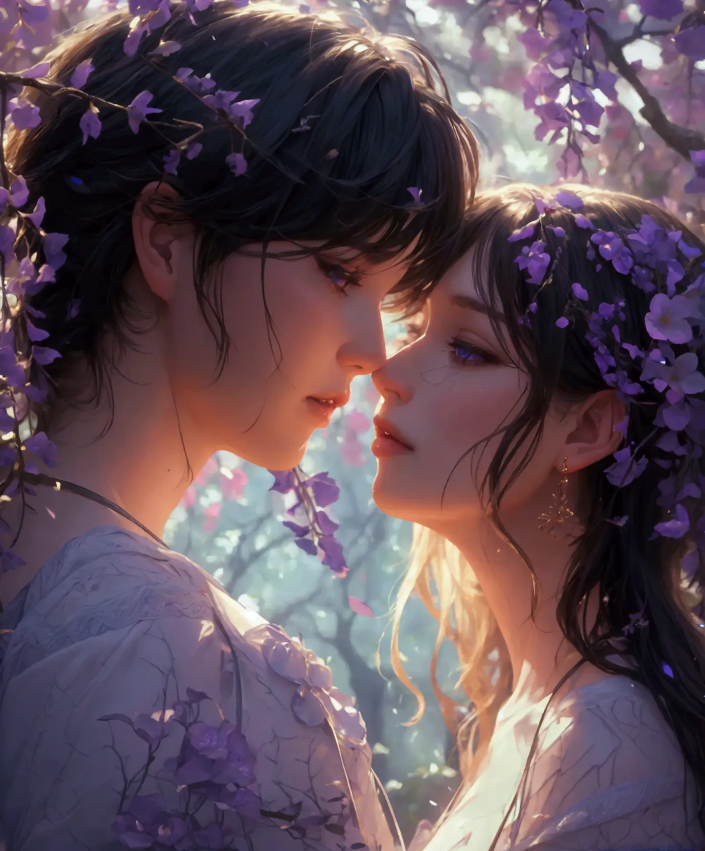 a man kissing a woman in wisteria forest at night, detailed faces, beautiful eyes, lips, long eyelashes, elegant poses, wisteria...