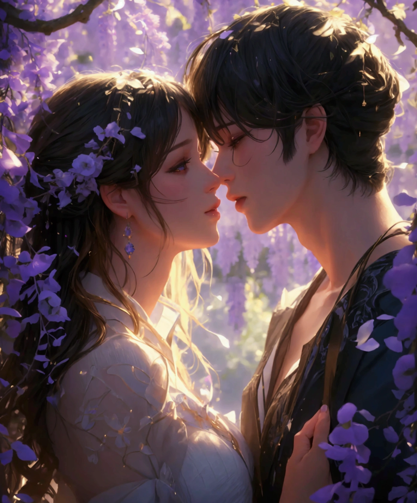 a man kissing a woman in wisteria forest at night, detailed faces, beautiful eyes, lips, long eyelashes, elegant poses, wisteria flowers, petals, peaceful, tranquil, serene atmosphere, (best quality,4k,8k,highres,masterpiece:1.2),ultra-detailed,(realistic,photorealistic,photo-realistic:1.37),cinematic lighting,dramatic chiaroscuro,vibrant colors,romantic,elegant,artgerm art style