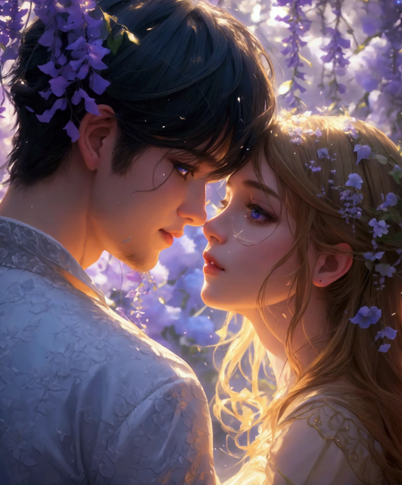 a man kissing a woman in wisteria forest at night, detailed faces, beautiful eyes, lips, long eyelashes, elegant poses, wisteria flowers, petals, peaceful, tranquil, serene atmosphere, (best quality,4k,8k,highres,masterpiece:1.2),ultra-detailed,(realistic,photorealistic,photo-realistic:1.37),cinematic lighting,dramatic chiaroscuro,vibrant colors,romantic,elegant,artgerm art style