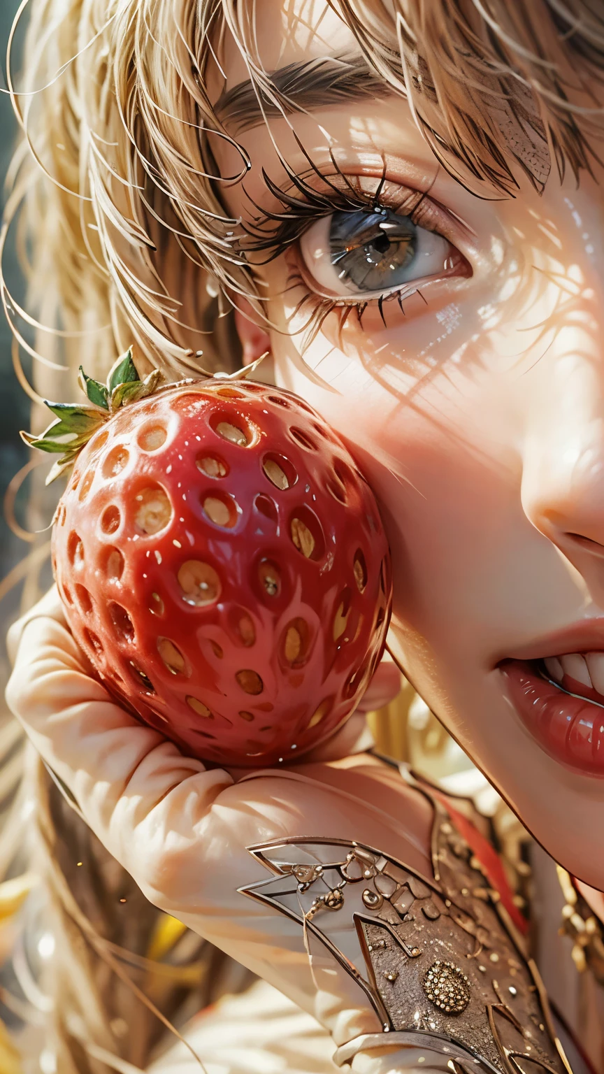 (8k, Highest quality, masterpiece)，(Realistic, RAW Photos, Super Fine Clear), Realistic Light, Detailed skin, erotic, Sexy woman kissing a giant strawberry, Upper body close-up