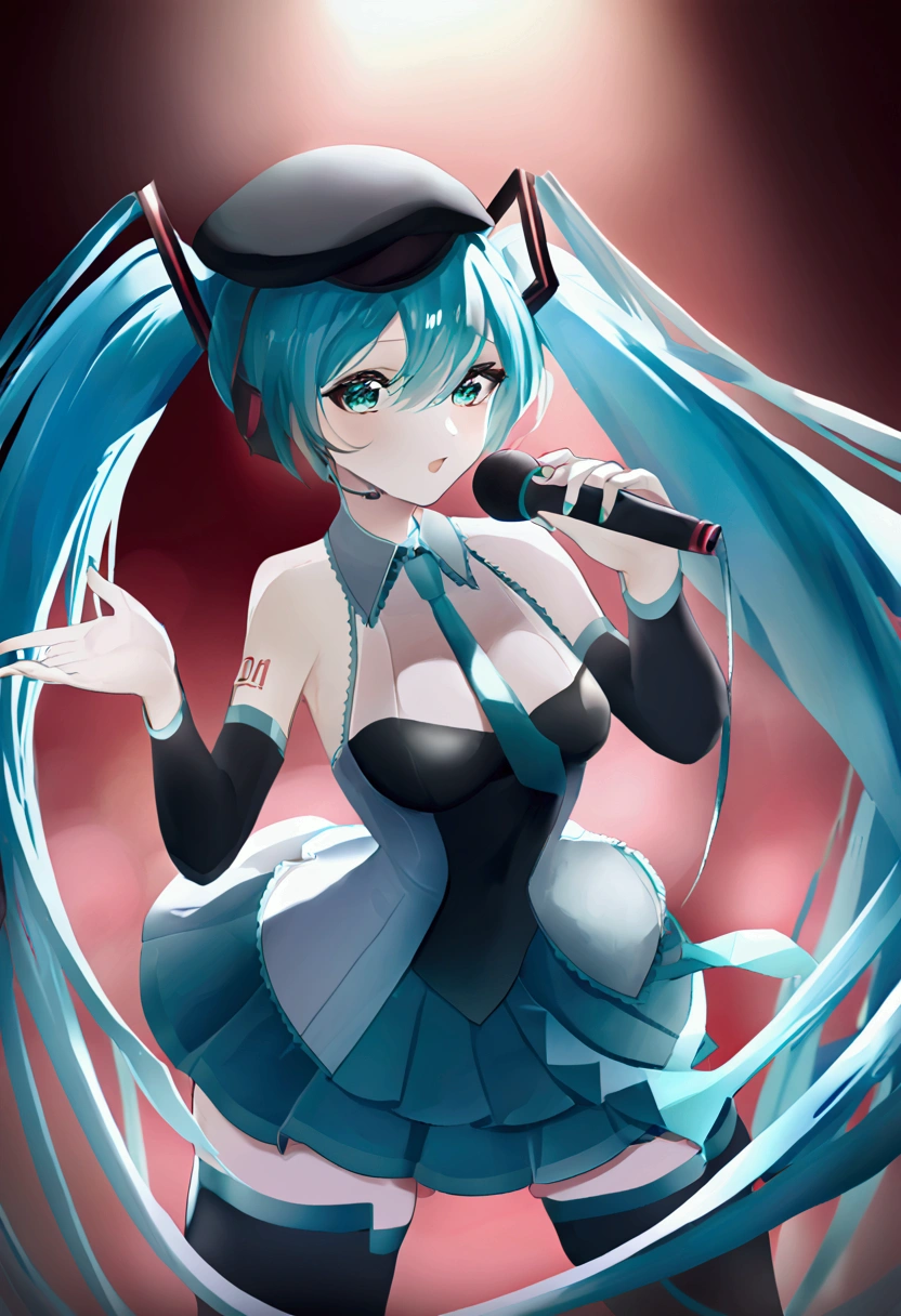 Sexy and sensual Hatsune Miku, revealing transparent cleavage, shiny skin, beautiful supple breasts, black or blue hair, microphone, dynamic light, HatsuneMiku2019, teal eyes, teal hair, two tails, hat, transparent dress, thigh-high stockings, Idl, microphone with microphone singing, stage lights. in full body 3B style.