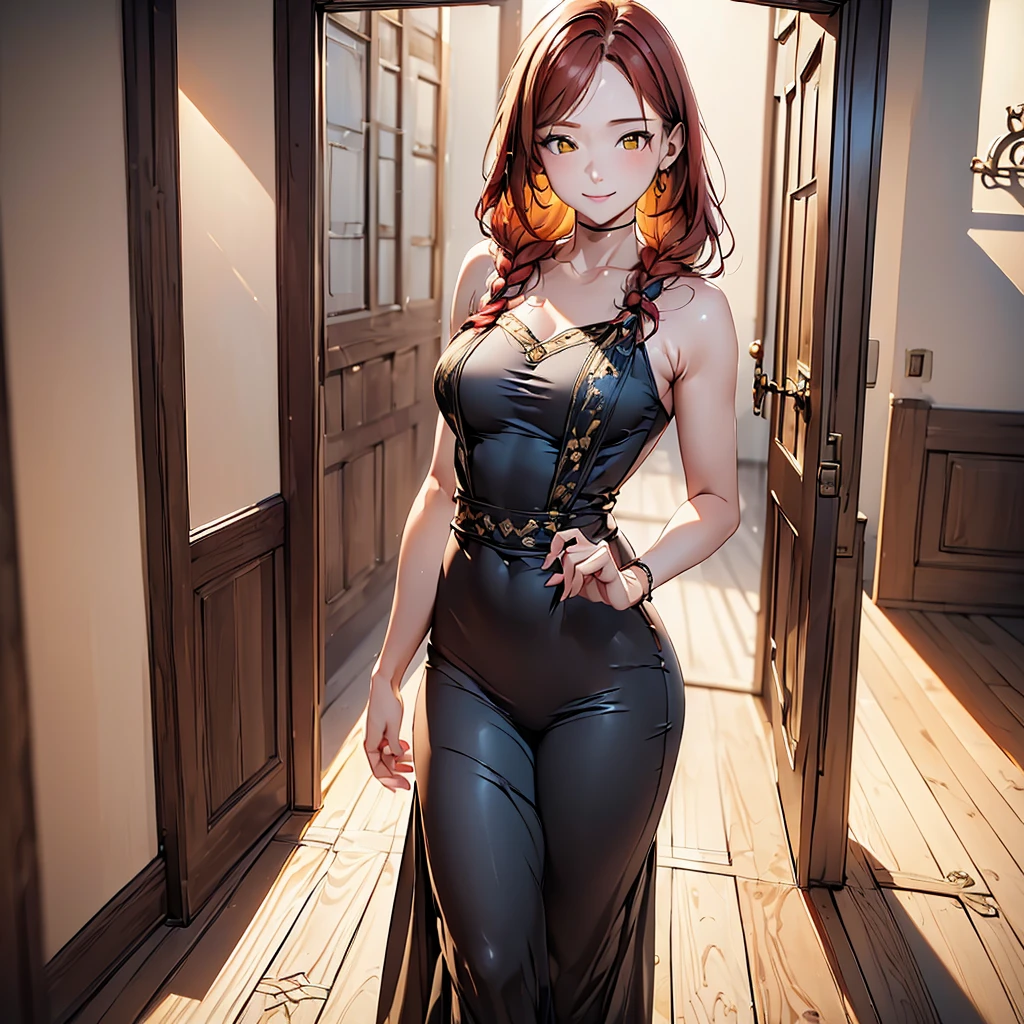 (((A woman))), (natural redhead), honey yellow eyes, by the width, small braids, bright smile, detailed eyes, chest a little big, detailed body, beautiful body, detailed clothing, black jumpsuit skirt with white blouse, head on, hands back leaning forward, flirtatious look, standing at the entrance of a house with the door open.