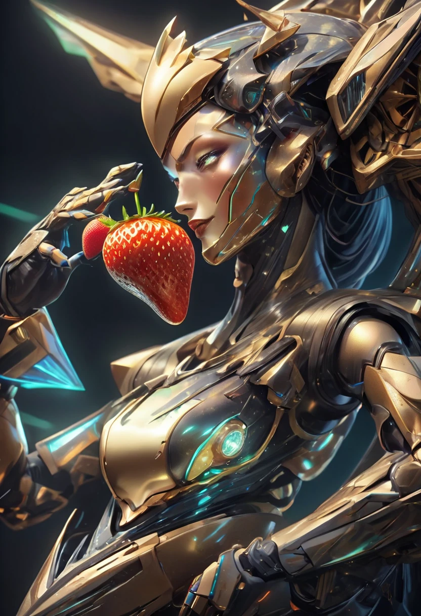 a portrait of  an exotic, elegant beautiful mecha woman eating an epic, (legendary strawberry: 1.3) in cocktail party , ((full body: 1.5)), ((anatomically correct: 1.5)), (ultra detailed face: 1.2), dynamic eye color, glowing eyes, dynamic hair color, dynamic hair style dynamic skin complexion, wearing 1960's glamour intricate dress, high. fashion dress, dynamic color dress , wearing high heels, cocktail party background, vibrant, Ultra-high resolution, High Contrast, (masterpiece:1.5), highest quality, Best aesthetics), best details, best quality, highres, 16k, (ultra detailed: 1.5), masterpiece, best quality, (extremely detailed) RAW, (ultra details, Masterpiece, best quality), Hyperrealism style, MechanicusStyleAI, 