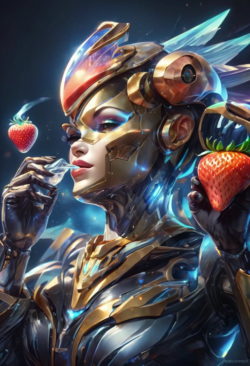 a portrait of  an exotic, elegant beautiful mecha woman eating an epic, (legendary strawberry: 1.3) in cocktail party , ((full body: 1.5)), ((anatomically correct: 1.5)), (ultra detailed face: 1.2), dynamic eye color, glowing eyes, dynamic hair color, dynamic hair style dynamic skin complexion, wearing 1960's glamour intricate dress, high. fashion dress, dynamic color dress , wearing high heels, cocktail party background, vibrant, Ultra-high resolution, High Contrast, (masterpiece:1.5), highest quality, Best aesthetics), best details, best quality, highres, 16k, (ultra detailed: 1.5), masterpiece, best quality, (extremely detailed) RAW, (ultra details, Masterpiece, best quality), Hyperrealism style, MechanicusStyleAI, 