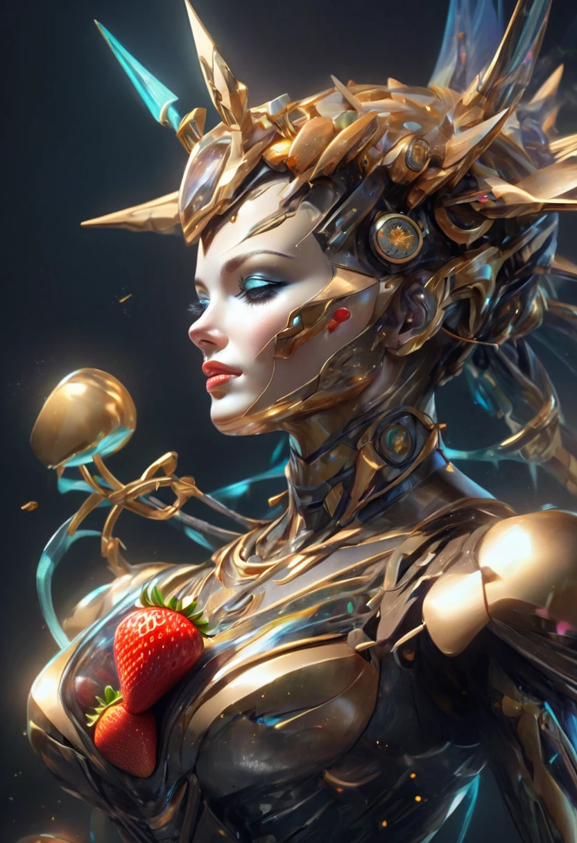 a portrait of  an exotic, elegant beautiful mecha woman eating an epic, (legendary strawberry: 1.3) in cocktail party , ((full body: 1.5)), ((anatomically correct: 1.5)), (ultra detailed face: 1.2), dynamic eye color, glowing eyes, dynamic hair color, dynamic hair style dynamic skin complexion, wearing 1960's glamour intricate dress, high. fashion dress, dynamic color dress , wearing high heels, cocktail party background, vibrant, Ultra-high resolution, High Contrast, (masterpiece:1.5), highest quality, Best aesthetics), best details, best quality, highres, 16k, (ultra detailed: 1.5), masterpiece, best quality, (extremely detailed) RAW, (ultra details, Masterpiece, best quality), Hyperrealism style, MechanicusStyleAI, 