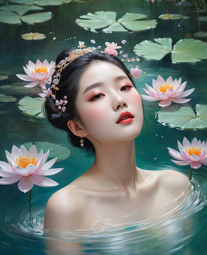 a painting of a woman floating in the water with flowers in her hair and a, by Liu Jun, floating in perfume, by Hong Ren, by Wen Jia, by Chen Lu, by Li Tang, by Song Xu, by Qian Xuan, by Ai Xuan, by Yanjun Cheng, by Qian Gu, by Zhou Chen, beautiful aesthetic art, by Xie He, by Yang J, by Wen Zhenheng, by Shang Xi, ophelia, inspired by Yanjun Cheng, by Ruan Jia