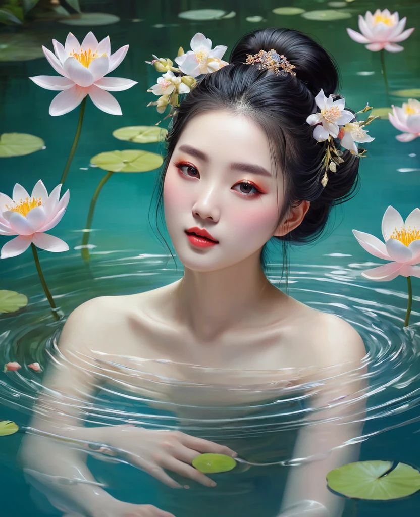 a painting of a woman floating in the water with flowers in her hair and a, by Liu Jun, floating in perfume, by Hong Ren, by Wen Jia, by Chen Lu, by Li Tang, by Song Xu, by Qian Xuan, by Ai Xuan, by Yanjun Cheng, by Qian Gu, by Zhou Chen, beautiful aesthetic art, by Xie He, by Yang J, by Wen Zhenheng, by Shang Xi, ophelia, inspired by Yanjun Cheng, by Ruan Jia