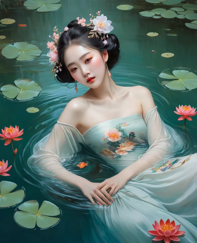 a painting of a woman floating in the water with flowers in her hair and a, by Liu Jun, floating in perfume, by Hong Ren, by Wen Jia, by Chen Lu, by Li Tang, by Song Xu, by Qian Xuan, by Ai Xuan, by Yanjun Cheng, by Qian Gu, by Zhou Chen, beautiful aesthetic art, by Xie He, by Yang J, by Wen Zhenheng, by Shang Xi, ophelia, inspired by Yanjun Cheng, by Ruan Jia