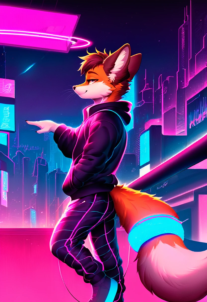 Fox, male, solo, anthro,(leaning on barrier), city, from front, (neon cyberpunk jacket), (listening to music), closed eyes, headphones, vaporwave, detailed lighting, (neon cyberpunk striped sweatpants), (Saturn (background), SFW, (tail rings), detailed shading, (dynamic blur (background)), spacepunk