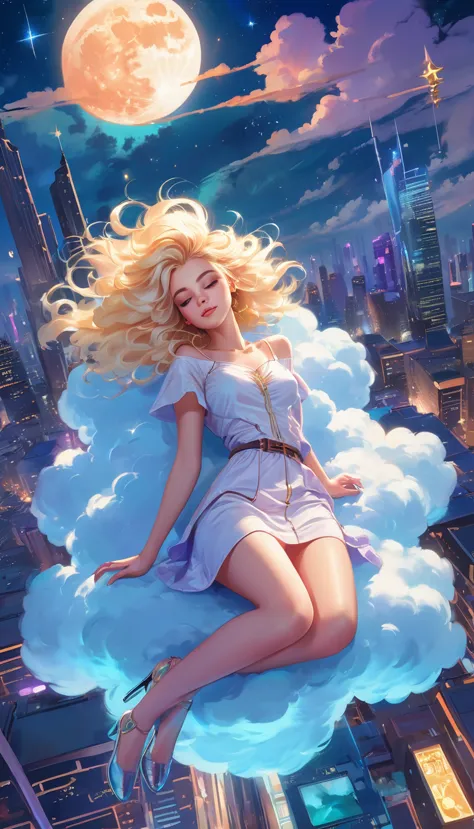 a beautiful 20 year old blonde woman with big messy hair laying down on a cloud in the sky floating over a cityscape at night, t...