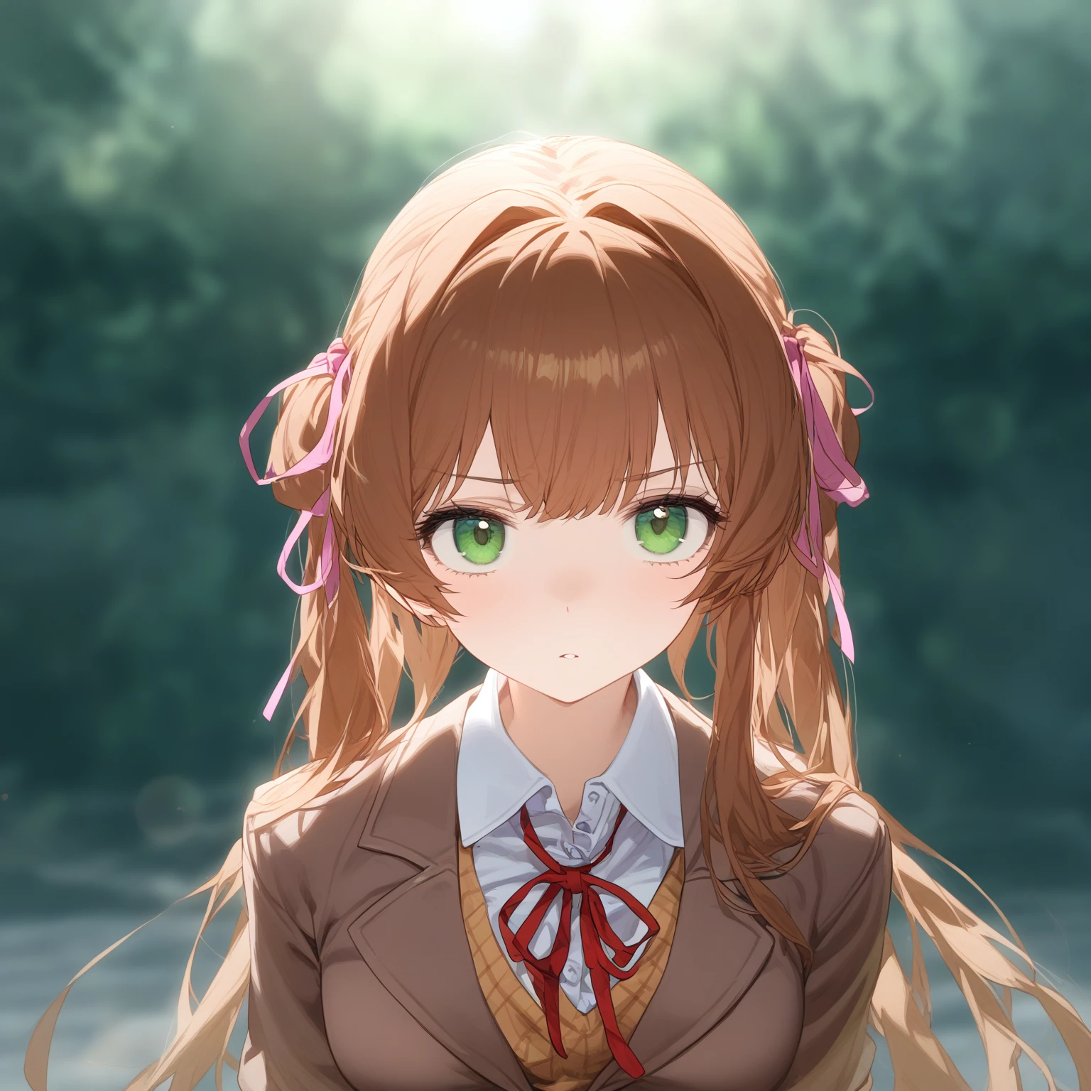 Monika, ddlc, ominous gaze, staring at the viewer, green eyes, school uniform, brown blazer