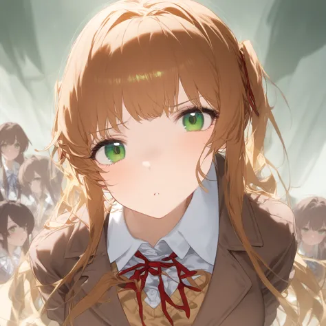 monika, ddlc, ominous gaze, staring at the viewer, green eyes, school uniform, brown blazer