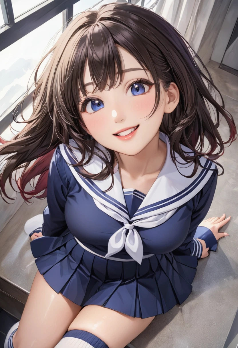 (Highest quality:1.2, 4K, 8k, Studio Anime, Very detailed, up to date, Vibrant, Attention to detail, High Contrast, masterpiece:1.2, Highest quality, Best aesthetics), (((1 girl))), Sit and pose, ＪＫ, Sailor suit, Pleated skirt, loose socks, loafers, Open your mouth a little:1.2, smile, Dynamic Angle, look up:1.3, Friendly atmosphere, Beautiful Hair, Shiny Hair, Beautiful Skin, Detailed face and eyes, Glossy Lips, Curvy Women, Striking contrast,