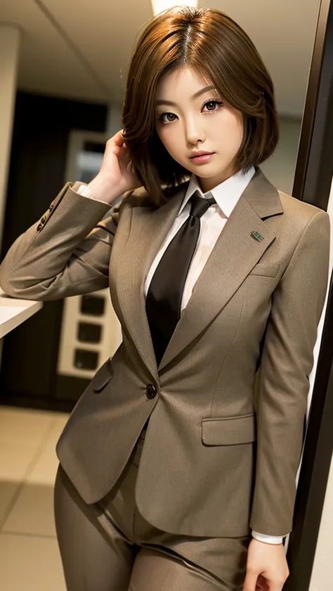 Topquality,1girl ,brown short hair,eye shadow,(wearing suit:1.3),office
