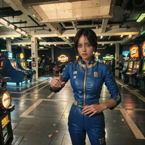 (one person). fallout tv series. inside a dimly lit large room in a post-apocalyptic (casino) in las vegas. vaultsuit lucy, an 1...