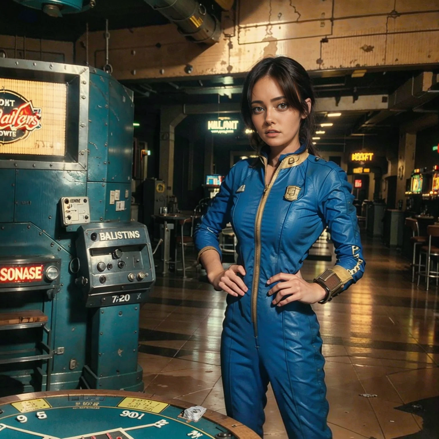 (One person). Fallout TV series. Inside a dimly lit large room in a post-apocalyptic (casino) in Las Vegas. Vaultsuit Lucy, an 18-year-old vault dweller wearing a blue and gold vaultsuit, her black hair disheveled, clutching a large gun in a dimly lit, post-apocalyptic casino. Cinematic. realistic colors, realistic, photorealistic. 