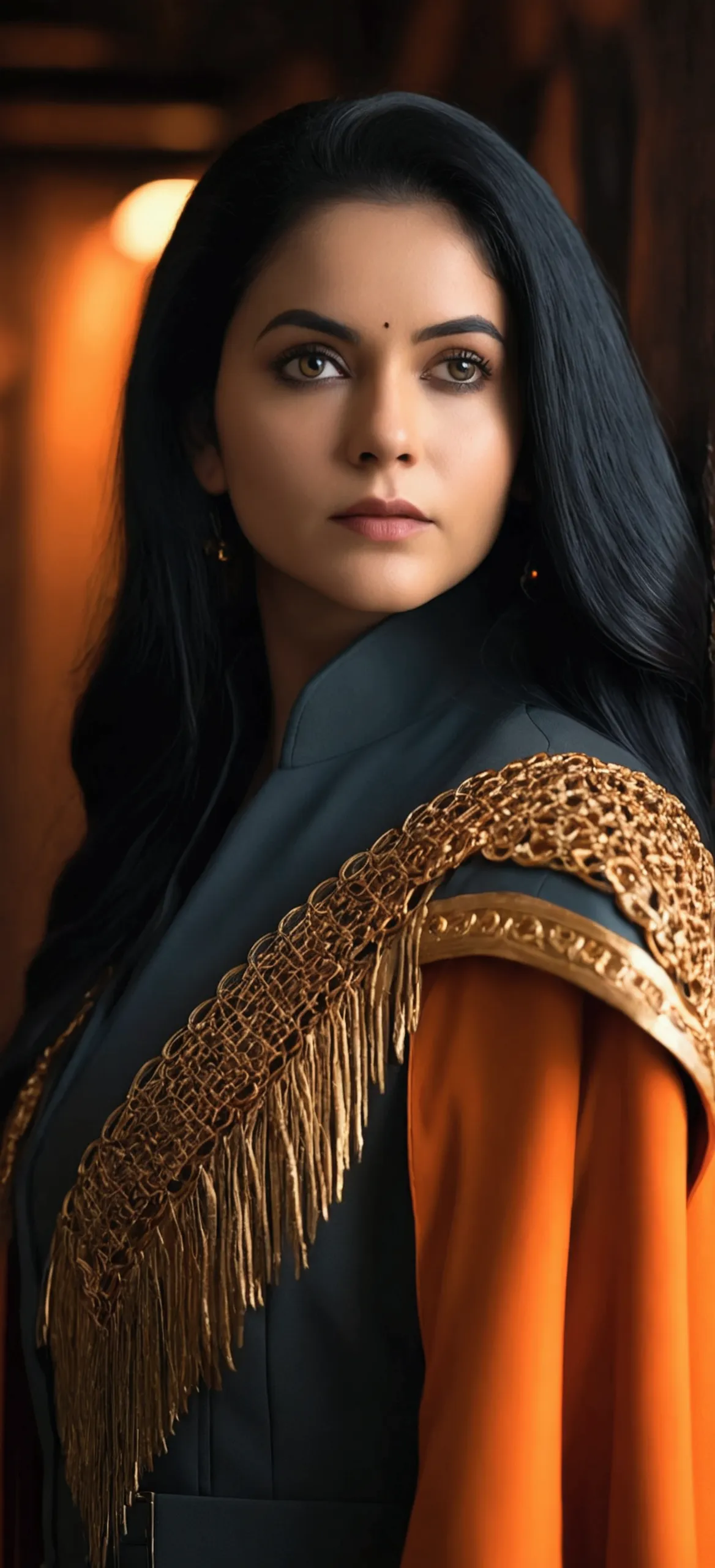 a photorealistic portrait of a beautiful young woman with long black hair, wearing a military-style suit, an orange cape, in a d...