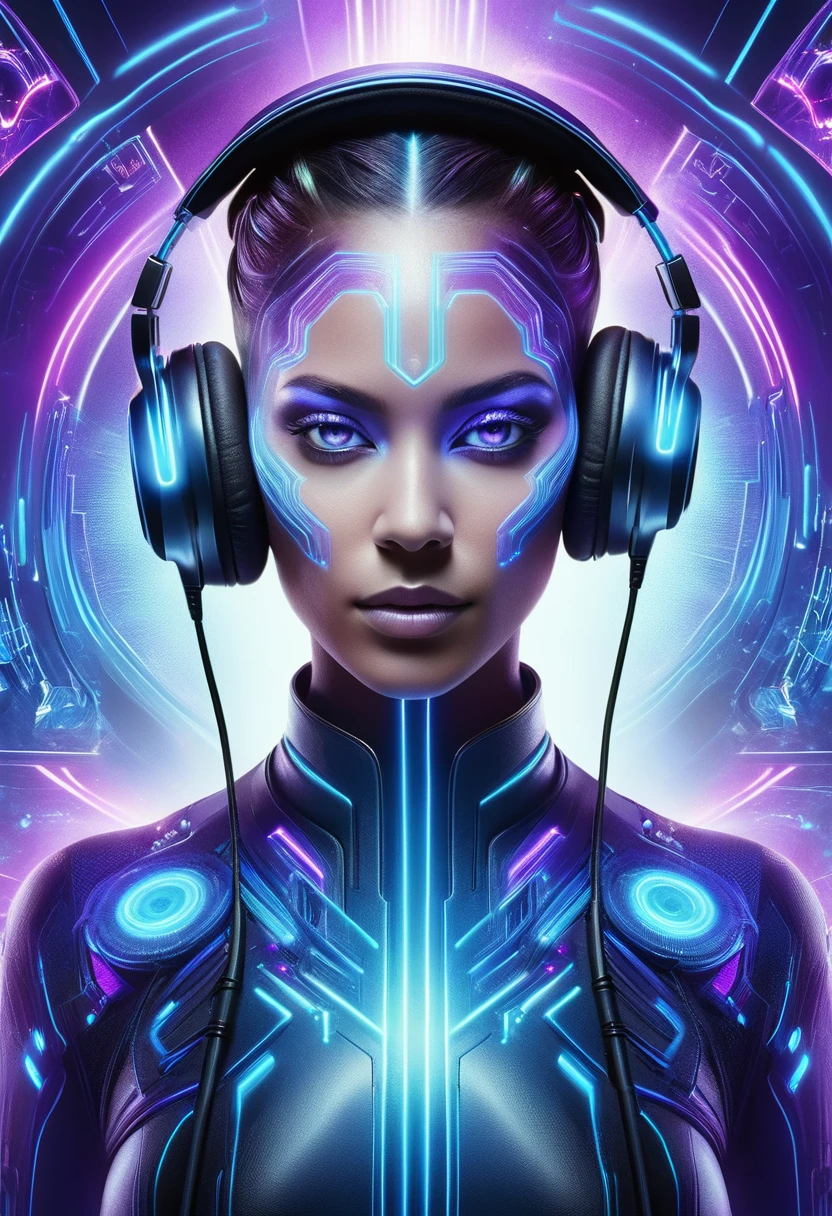 A highly detailed and vibrant image of a futuristic female DJ with headphones. The DJ's face is serene, with a mix of human and ethereal elements, glowing in shades of blue and purple. The background should be transparent, focusing solely on the DJ.
