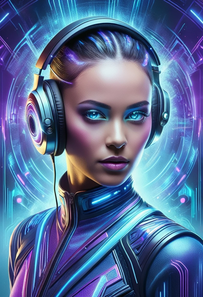 A highly detailed and vibrant image of a futuristic female DJ with headphones. The DJ's face is serene, with a mix of human and ethereal elements, glowing in shades of blue and purple. The background should be transparent, focusing solely on the DJ.
