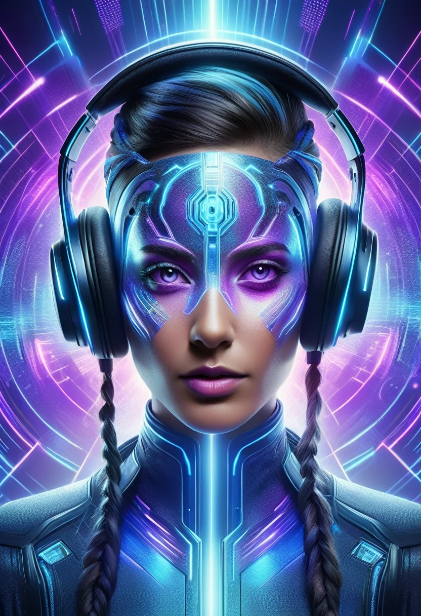 A highly detailed and vibrant image of a futuristic female DJ with headphones. The DJ's face is serene, with a mix of human and ethereal elements, glowing in shades of blue and purple. The background should be transparent, focusing solely on the DJ.
