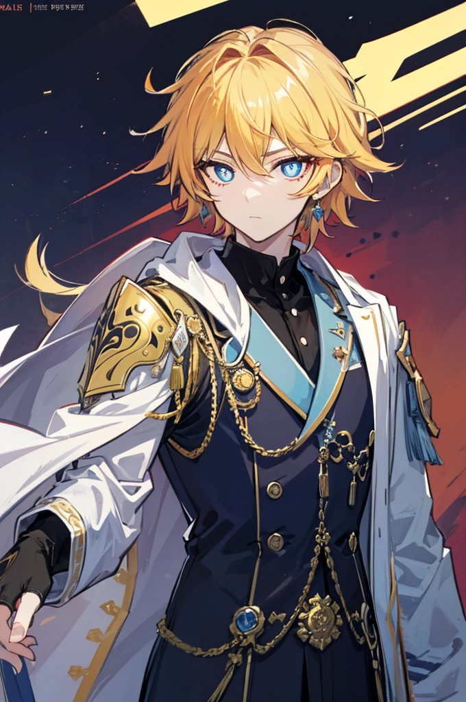 초상화, Face_through_torso, arcanepunk, 1man, Solo, royalty(prince), handsome guy, golden hair, benevolent_face(sky_blue_eyes(spade shaped_pupils), sharp eyes), royal suit