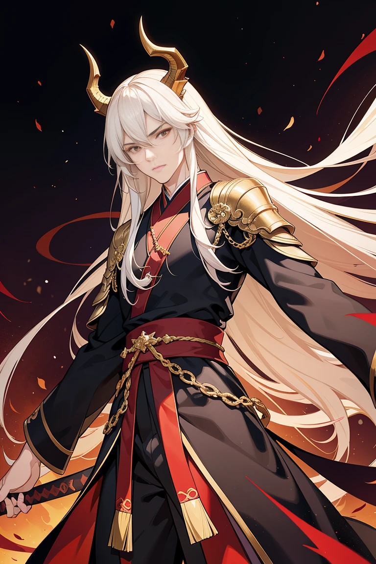 Dragon man, wearing a black Hanfu with red dragon patterns and gold edges highlighting the aura of a leader, long sword, dragon's golden eyes, long white hair, a half-human half-dragon with golden horns, night, dark sky full of purple stars, red moonlight, Asian architecture, best quality, 16k, masterpiece, detailed face drawing, with two arms and two legs, manhua character.