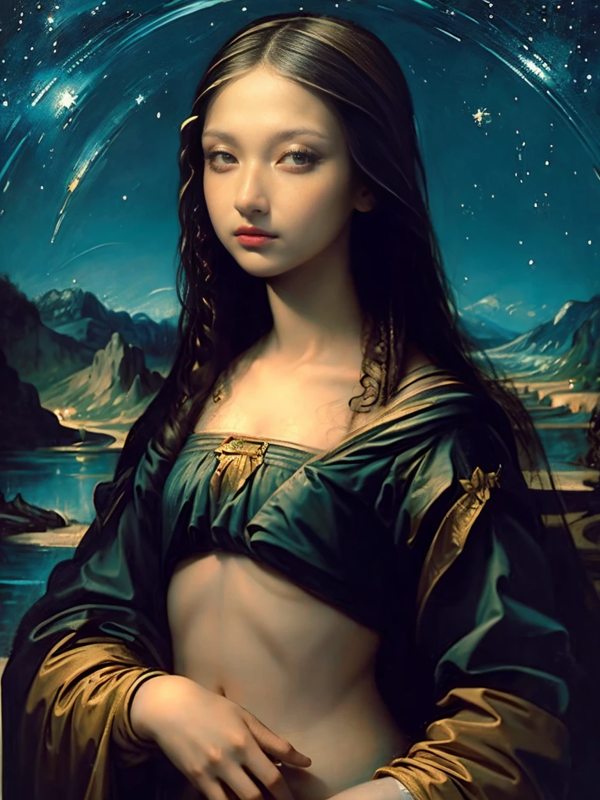 A fascinating contemporary interpretation of Leonardo da Vinci's Mona Lisa, presenting a Mona Lisa that combines classical and modern heritage. The Mona Lisa has dark hair, pale skin, seated in the style of the Mona Lisa (Leonardo da Vinci's interpretation of the Mona Lisa), topless, visible nipples, belly, navel, hips, vagina, frontal view, balance, symmetry, background: colorful, Starry Night by Vincent van Gogh, full frame, no frame,