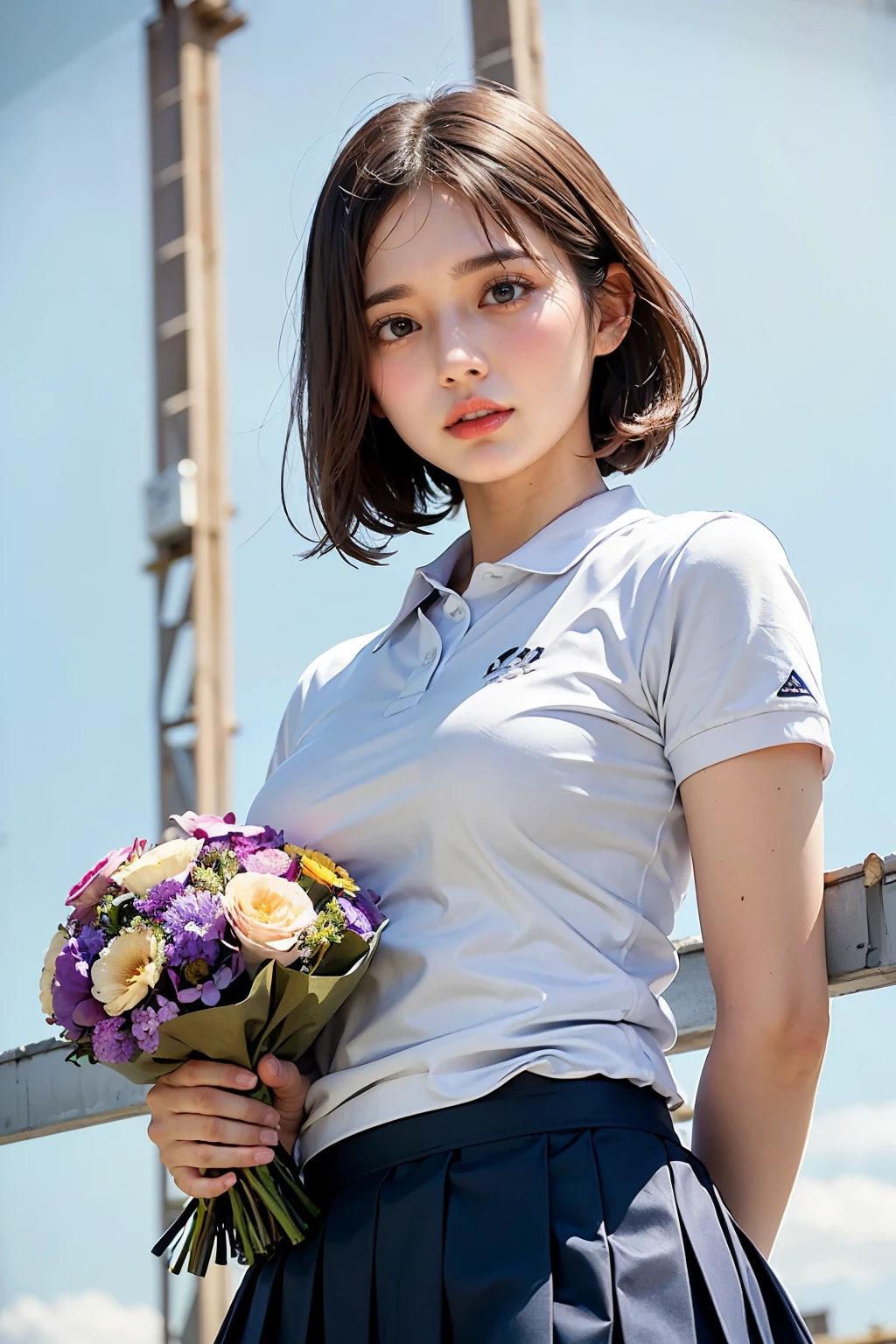 Masterpiece, bokeh, (Beautiful face), (Detailed face), (Japanese idle), (White polo shirt:1.3), (Dark blue Pleated skirt:1.3), (Blushed face:1.3), (Plump breast:1.2), (Holding flower bouquet on Steel bridge in construction site:1.5), (From below:1.5), (solo play:1.3)