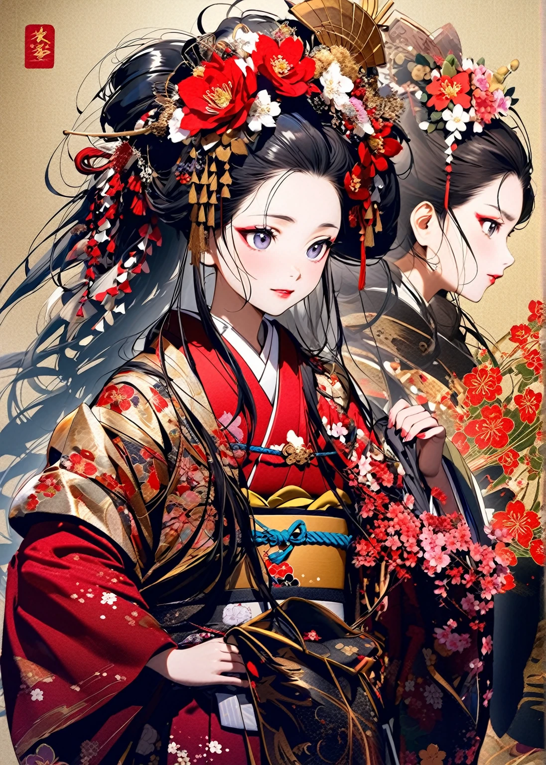 A 12-year-old princess wearing a red kimono and a flower crown, Traditional Japanese, traditional geisha clothing, Japanese women, Wearing Imperial Kimono, japanese geisha, geisha photo portrait, female geisha girl, elegant Japanese women, Japanese Kimono, In kimono, Traditional beauty, Wearing kimono and armor, portrait of geisha, wearing a haori, geisha　She gets an old man&#39;s dick shoved in her pussy